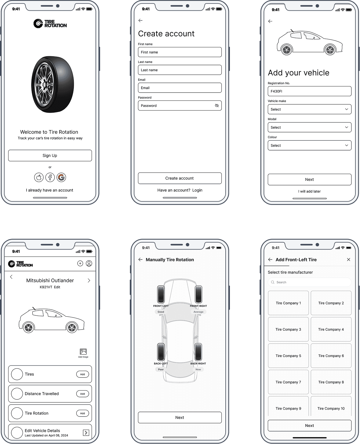 Maintain tire health for cars, trucks, and fleets Wireframes