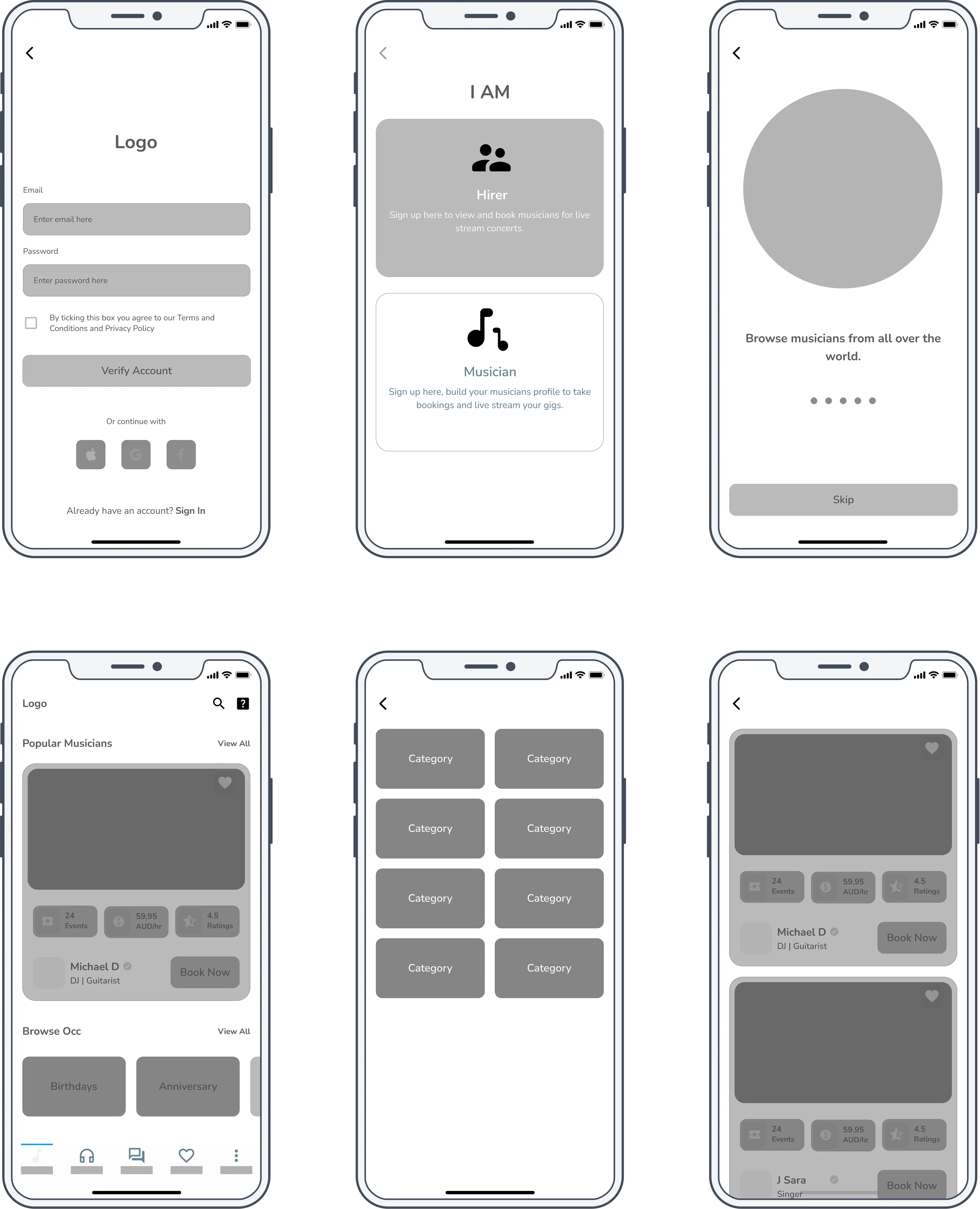 Book local musicians for events and gigs Wireframes